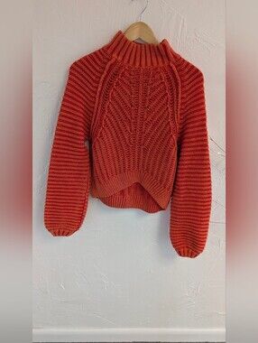 Free People Chunky Cable Knit Mock Neck Sweater Burnt Orange XS Oversized